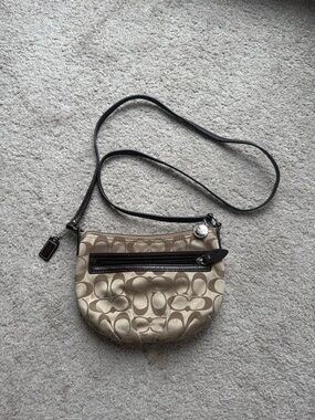 Coach Mini Crossbody Bag Womens Beige Signature Sateen with Front Pocket Zip Top